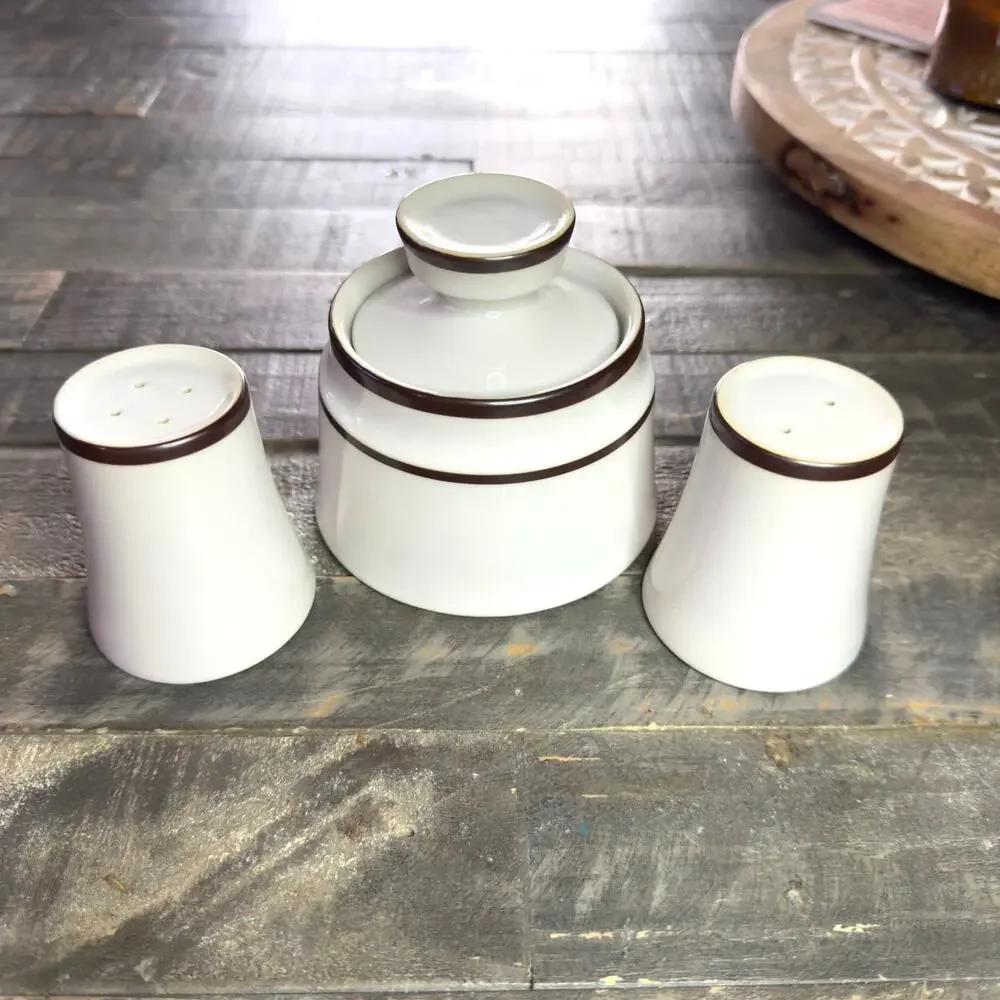 Noritake White Ceramic Spice Jar and Salt & Pepper Shakers with Brown Trim